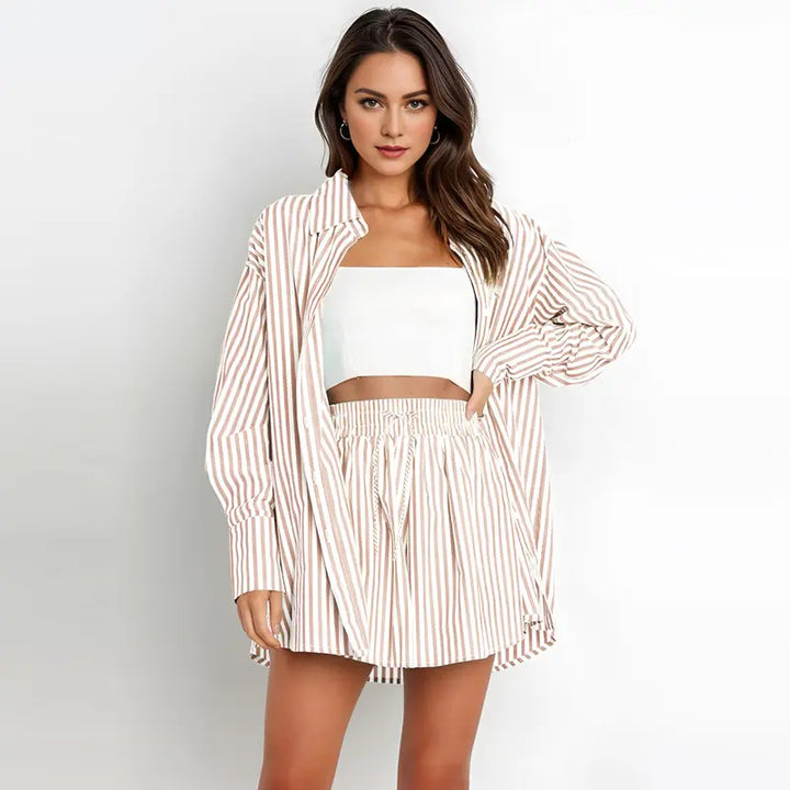 TIFY™ – Stylish Striped Collared Shirt & Wide-Leg Shorts Ensemble