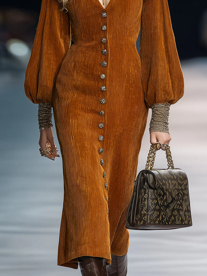 Retro Puff Sleeve Caramel Brown Corduroy Midi Dress with Button Details