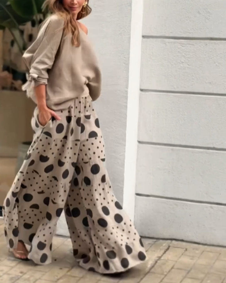 Relaxed Shoulder Top and Patterned Pants Two-Piece Outfit