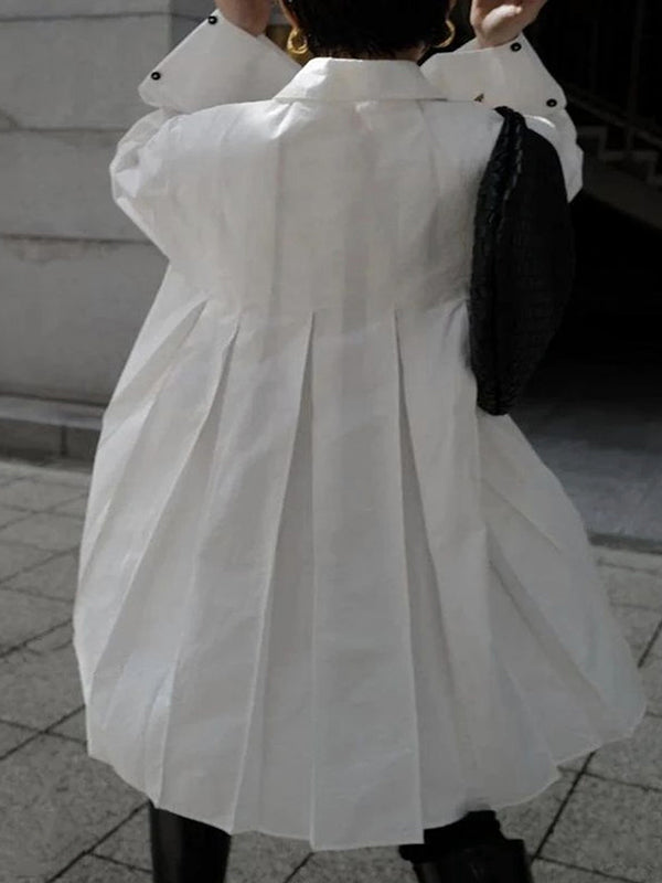 Button-Up Midi Dress with Long Sleeves, Pleated Design, and Solid Color Lapel