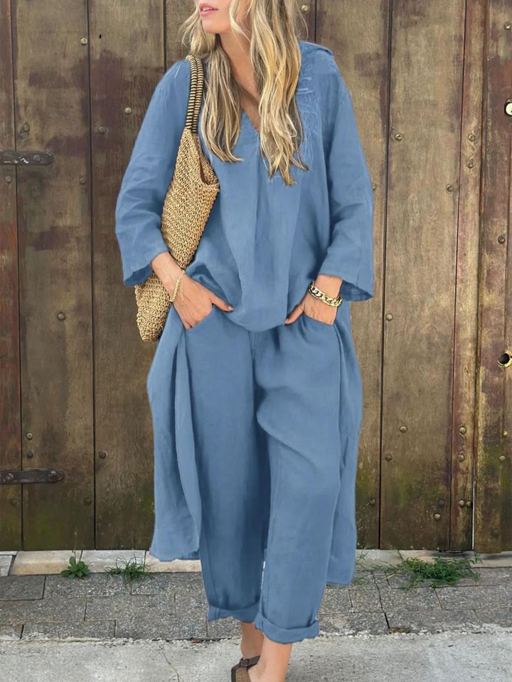 V-Neck Irregular Linen Top with High-Waisted Wide-Leg Pants Set featuring Pockets