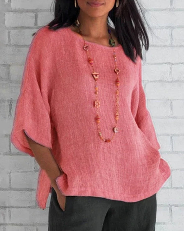 3/4 Sleeve Solid Color Top with Round Neck