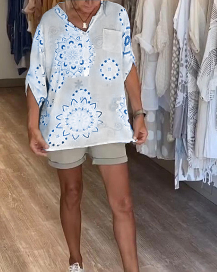 Versatile V-Neck Printed Blouse with Half Sleeves