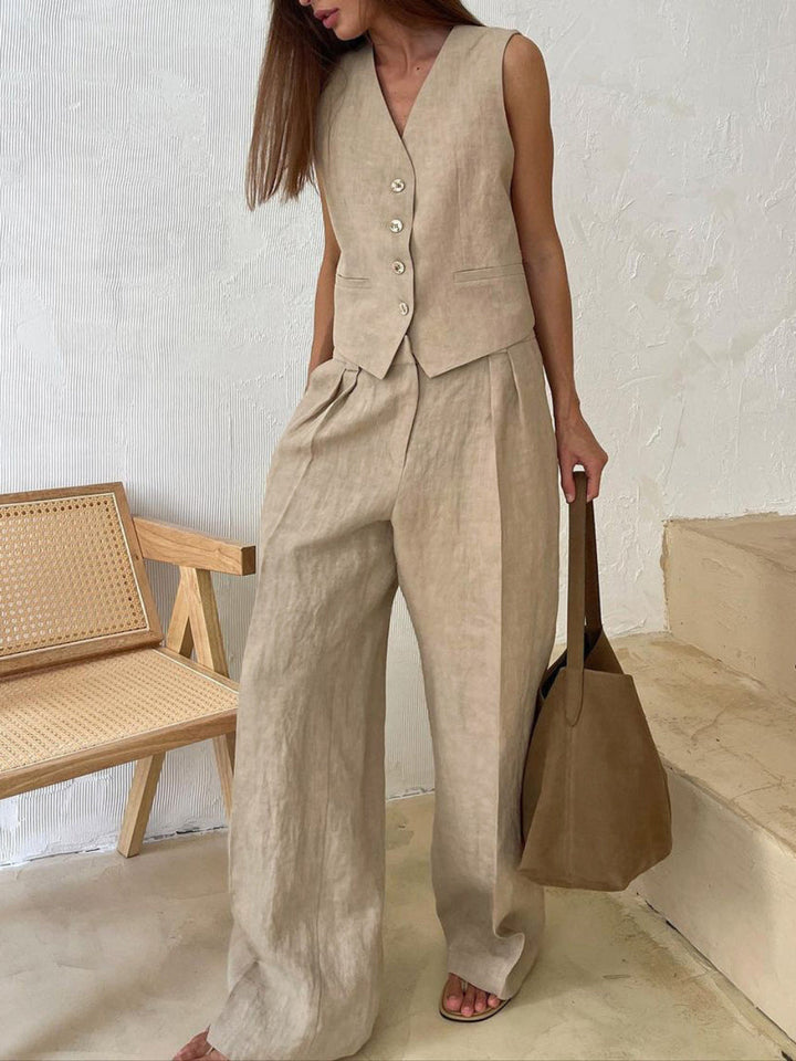 Timeless V-Neck Pleated Wide-Leg Cotton and Linen Pant Suit