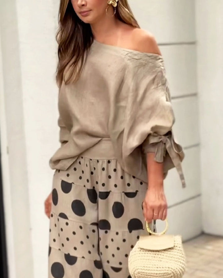 Relaxed Shoulder Top and Patterned Pants Two-Piece Outfit
