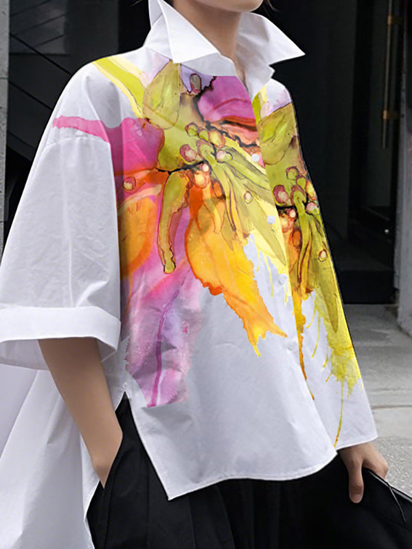 Floral Print High-Low Blouse with Half Sleeves, Button Details, and Split-Side Stand Collar