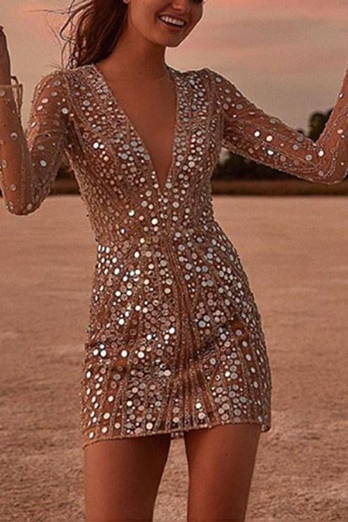 Sequin Wrap Mini Dress with V-Neck