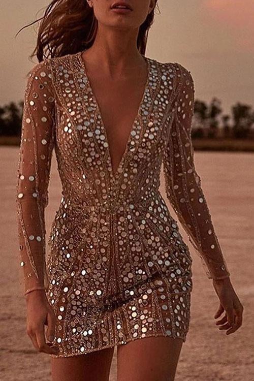 Sequin Wrap Mini Dress with V-Neck