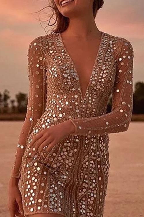 Sequin Wrap Mini Dress with V-Neck