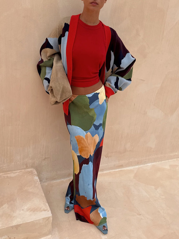 ז'קט סריג עם דוגמא גיאומטרית ועיצוב מופשט