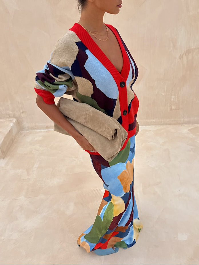 ז'קט סריג עם דוגמא גיאומטרית ועיצוב מופשט