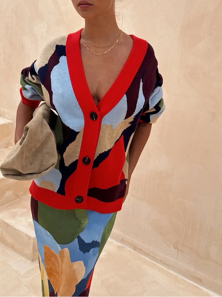 ז'קט סריג עם דוגמא גיאומטרית ועיצוב מופשט