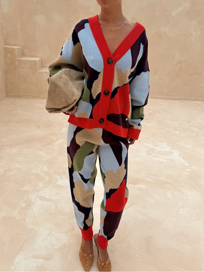 ז'קט סריג עם דוגמא גיאומטרית ועיצוב מופשט