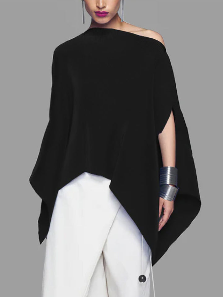 One-Shoulder Blouse with Batwing Sleeves - Loose Fit, Asymmetric Solid Color Top