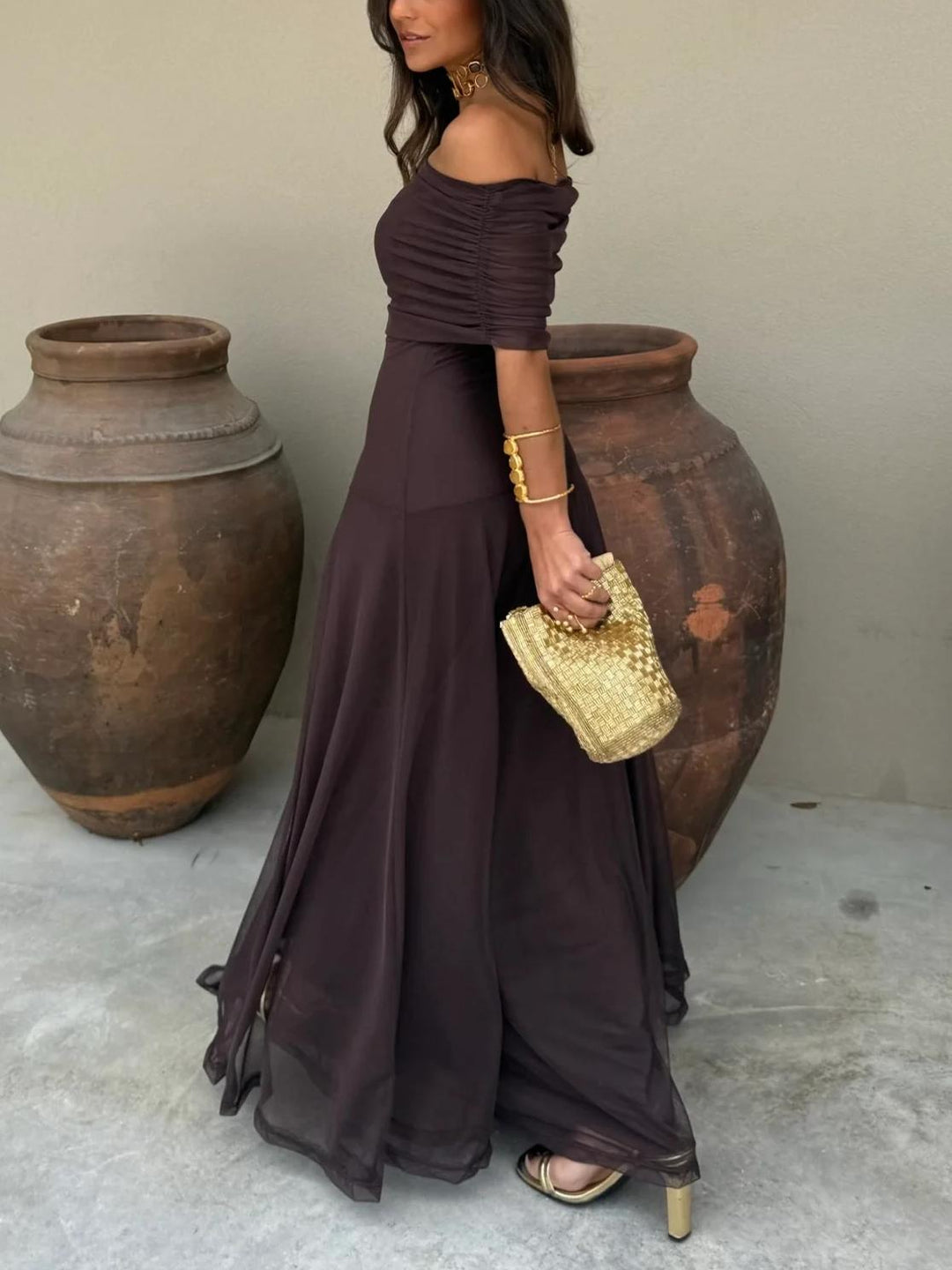 Brown One-Shoulder Mesh Maxi Gown