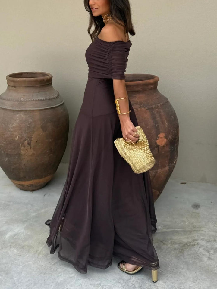 Brown One-Shoulder Mesh Maxi Gown