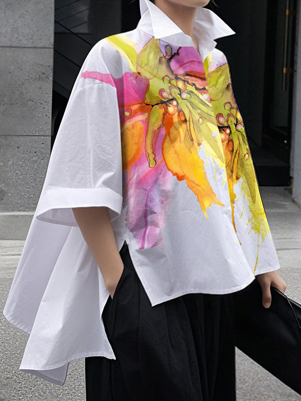 Floral Print High-Low Blouse with Half Sleeves, Button Details, and Split-Side Stand Collar