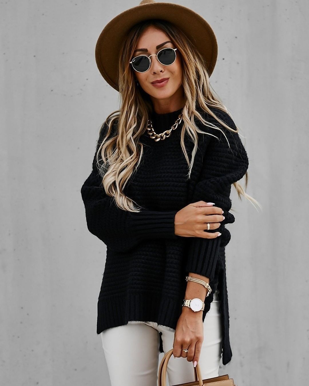 Knitted Sweater Top with Side Slits