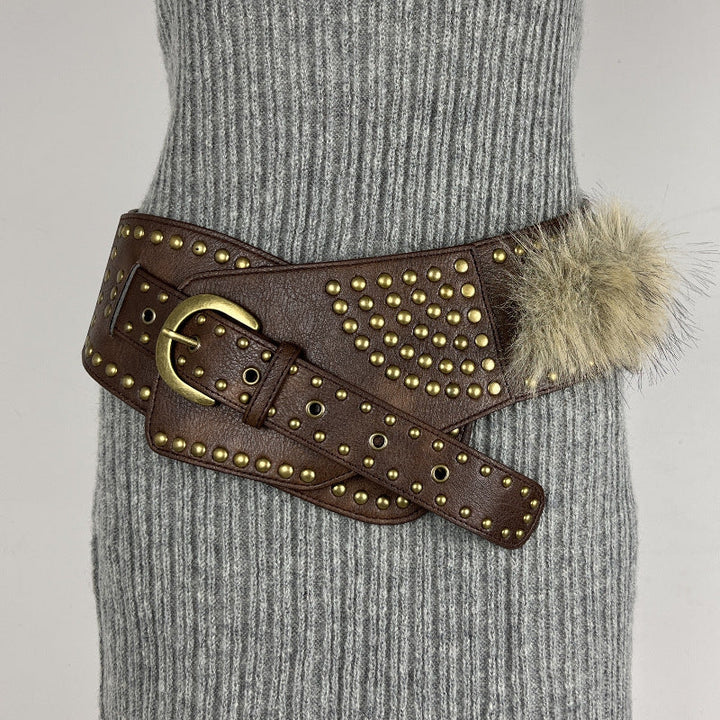 Retro Versatile Faux Leather Belt with Women's Fur Accent