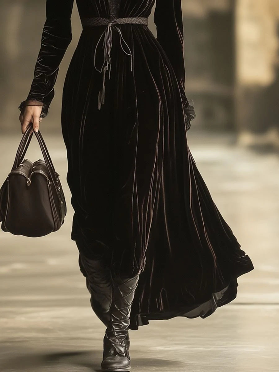 Solid Maxi Dress with Long Sleeves and V-Neck Lace Panel