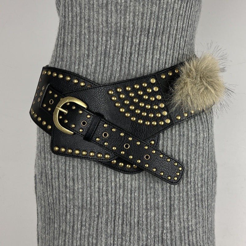 Retro Versatile Faux Leather Belt with Women's Fur Accent
