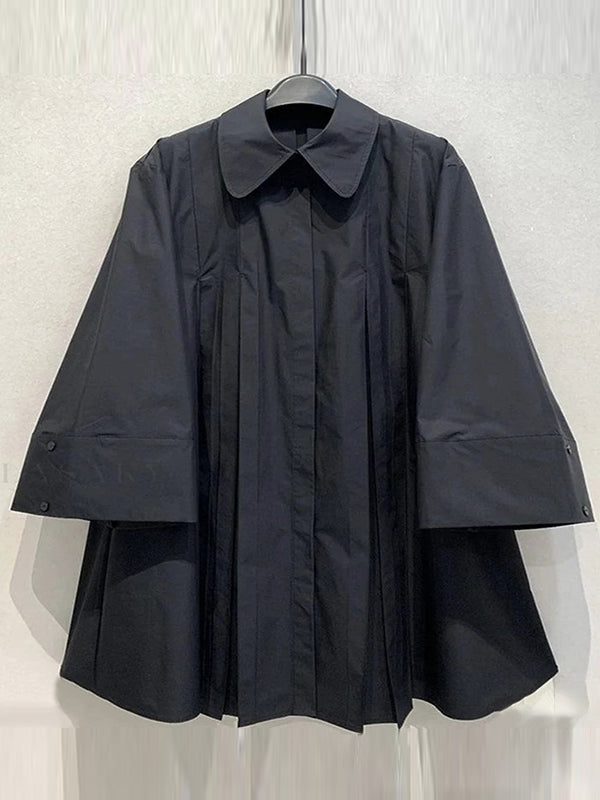 Button-Up Midi Dress with Long Sleeves, Pleated Design, and Solid Color Lapel