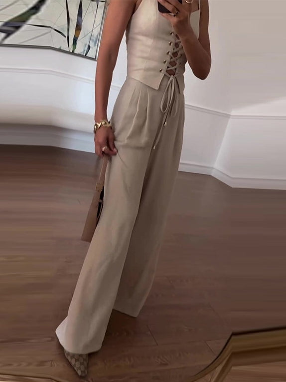 Two-Piece Set: Tie-Front Camisole in Linen Blend