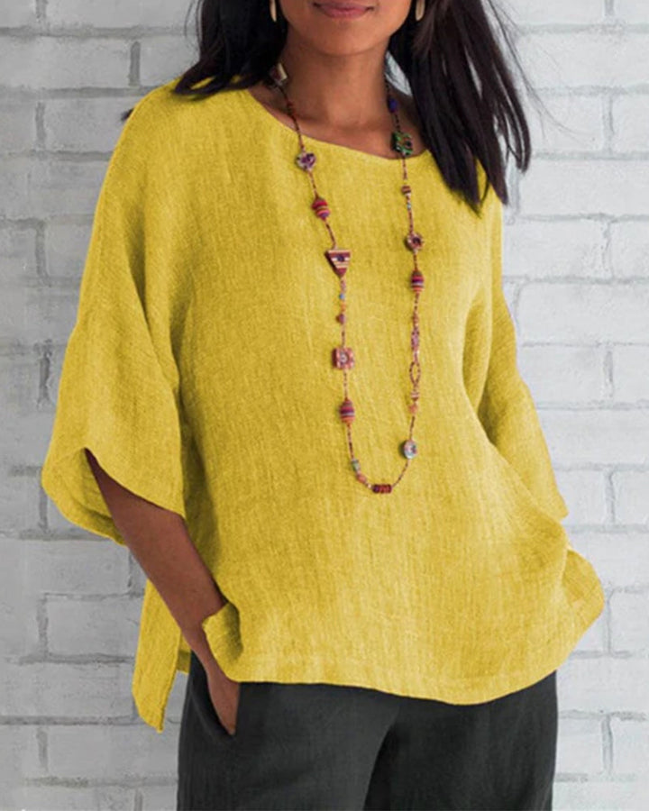 3/4 Sleeve Solid Color Top with Round Neck