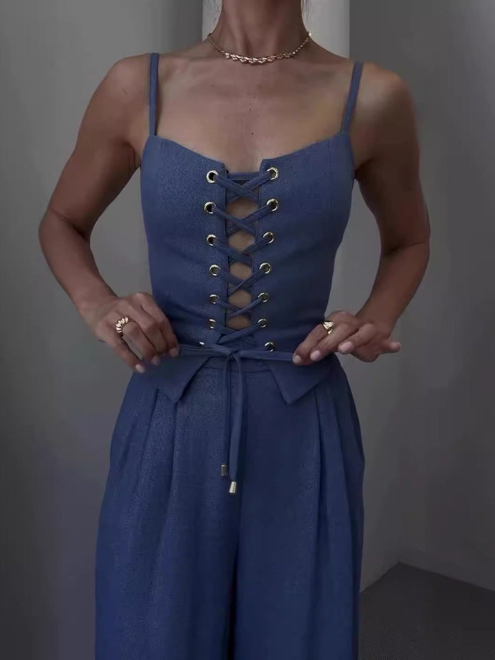 Two-Piece Set: Tie-Front Camisole in Linen Blend