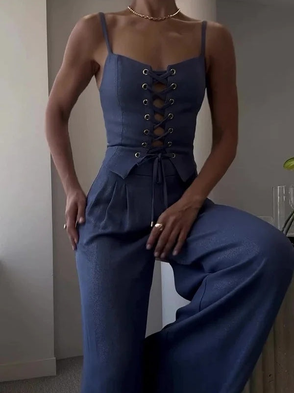 Two-Piece Set: Tie-Front Camisole in Linen Blend