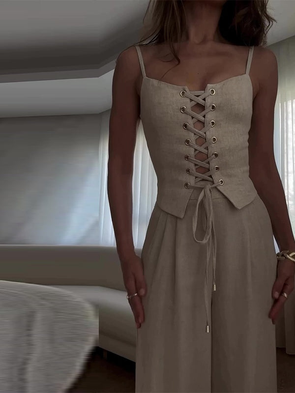 Two-Piece Set: Tie-Front Camisole in Linen Blend