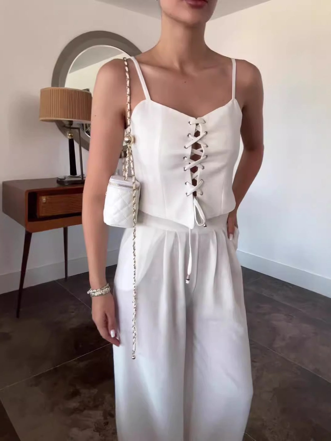 Two-Piece Set: Tie-Front Camisole in Linen Blend