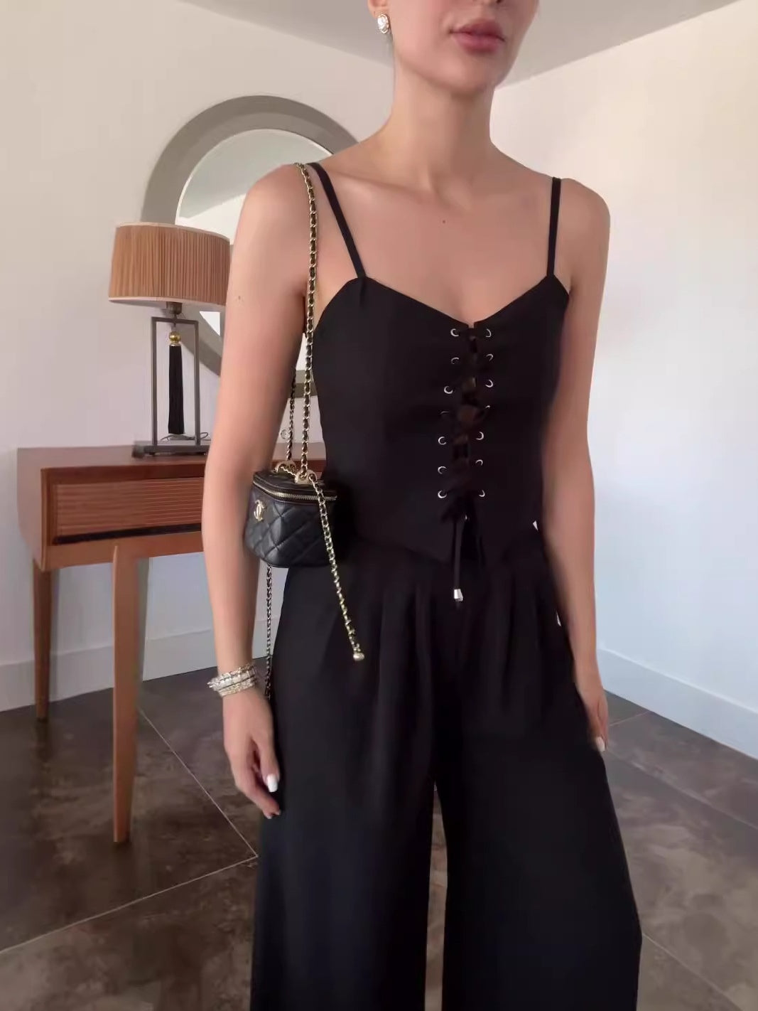 Two-Piece Set: Tie-Front Camisole in Linen Blend