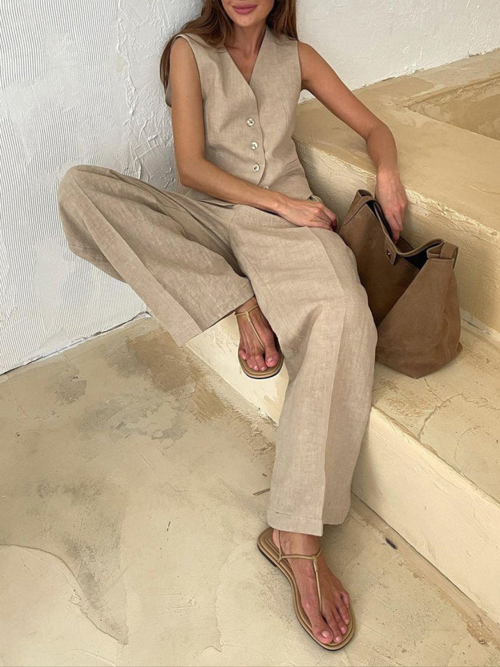 Timeless V-Neck Pleated Wide-Leg Cotton and Linen Pant Suit