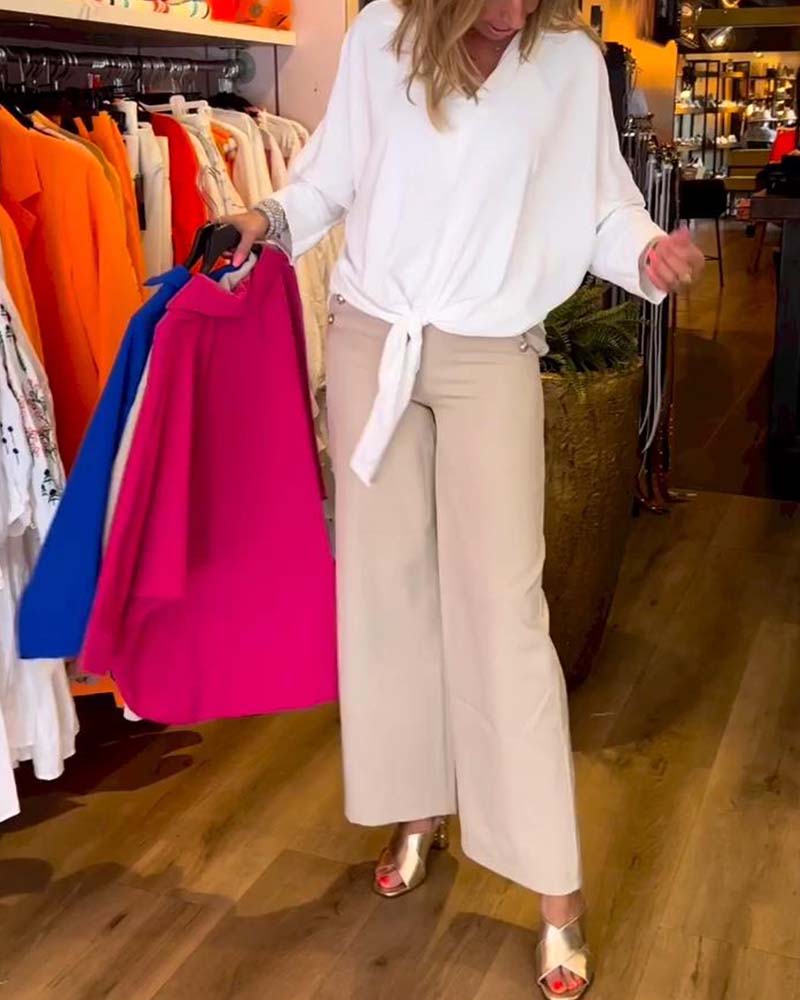 V-Neck Solid Color Blouse