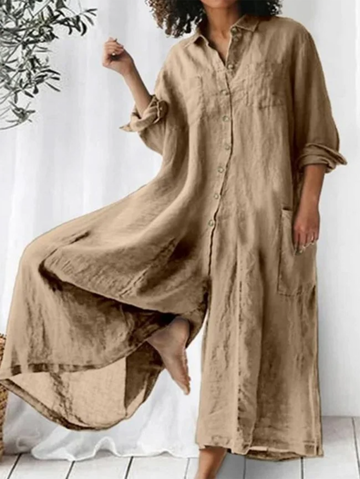 Relaxed Fit Plain Lapel Collar Single-Breasted Wide-Leg Jumpsuit