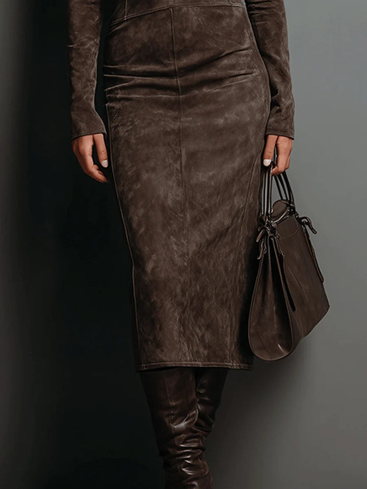 Chic High Neck Long Sleeve Suede Midi Dress