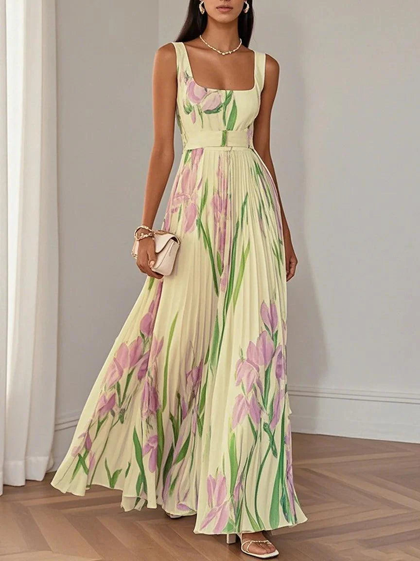 Floral Chiffon A-Line Maxi Dress with White Pleats and Square Neckline