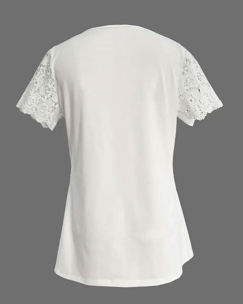 Lace Patchwork Pleated T-Shirt with Hollow Hem