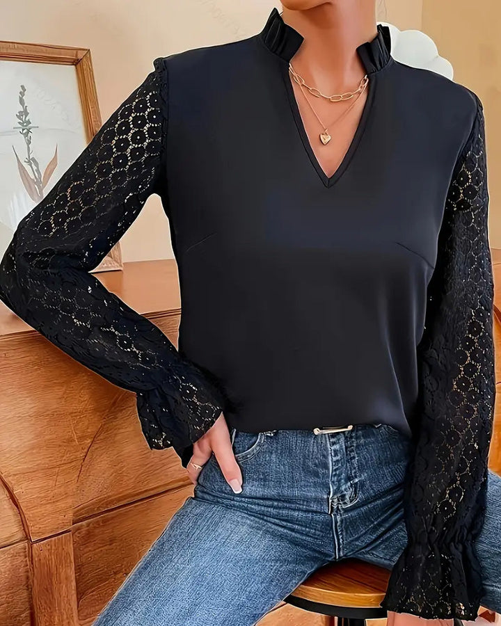 V-Neck Lace Blouse with Long Sleeves