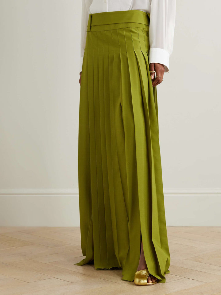 Solid Color High-Waisted Loose Pleated Skirt with Side Split