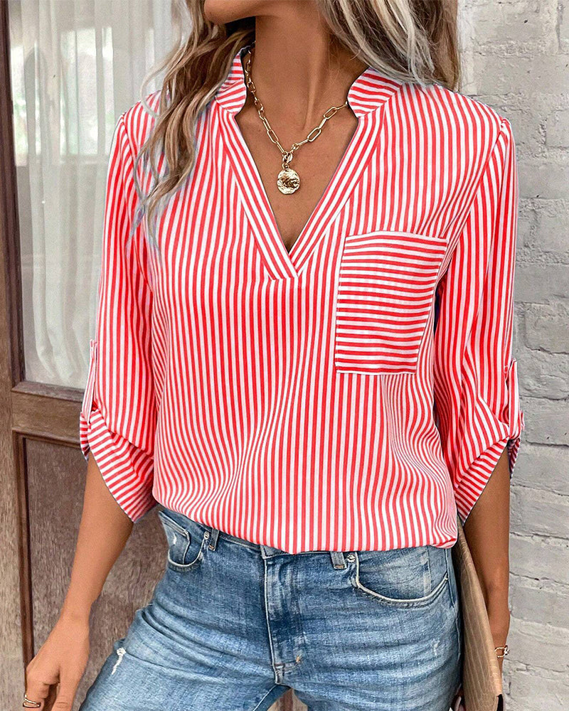 Striped Print V-Neck Casual Blouse