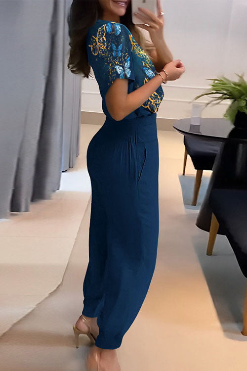 סט שני חלקים עם צווארון V מודפס, חולצה קצרה ומכנסיים ארוכים