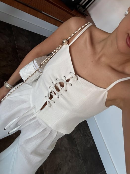 Two-Piece Set: Tie-Front Camisole in Linen Blend