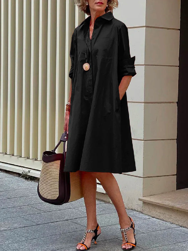 Classic Solid Color Midi Dress with Long Sleeves and Lapel Collar