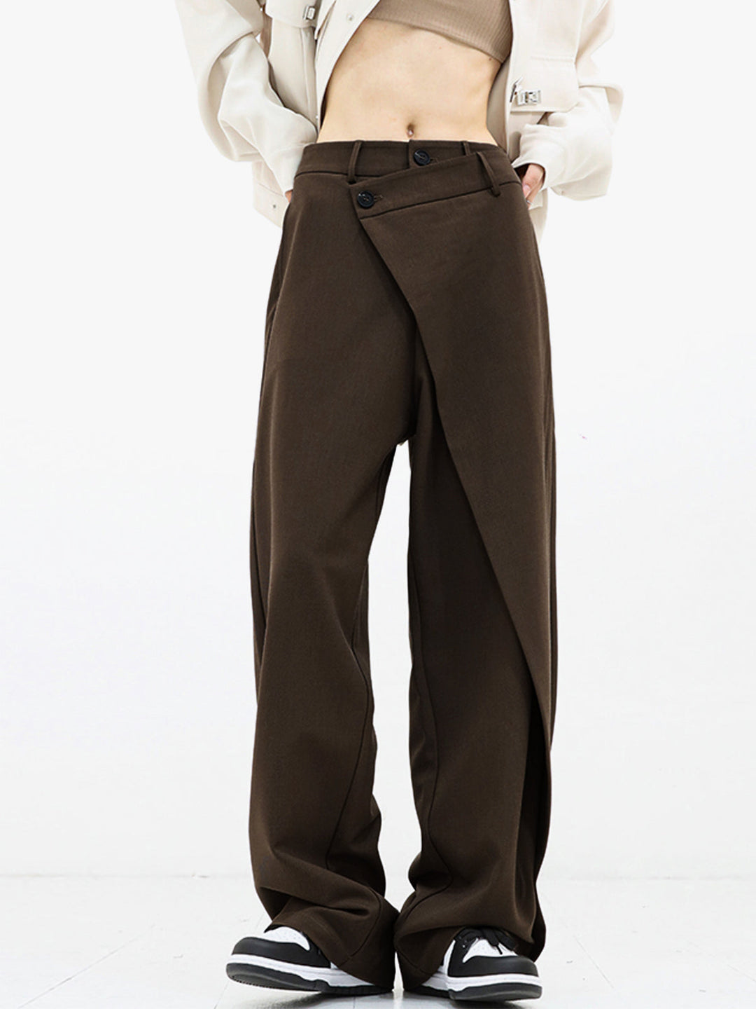 Asymmetrical Layered Button Detail Wide-Leg Baggy Pants