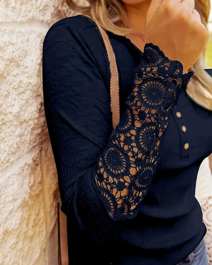 Chic Solid Color Blouse with Lace Accents and Button Details