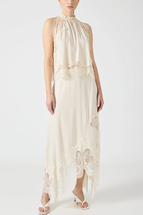 Lace-Trimmed Pleated Collar Top with Asymmetrical Slit Skirt Set