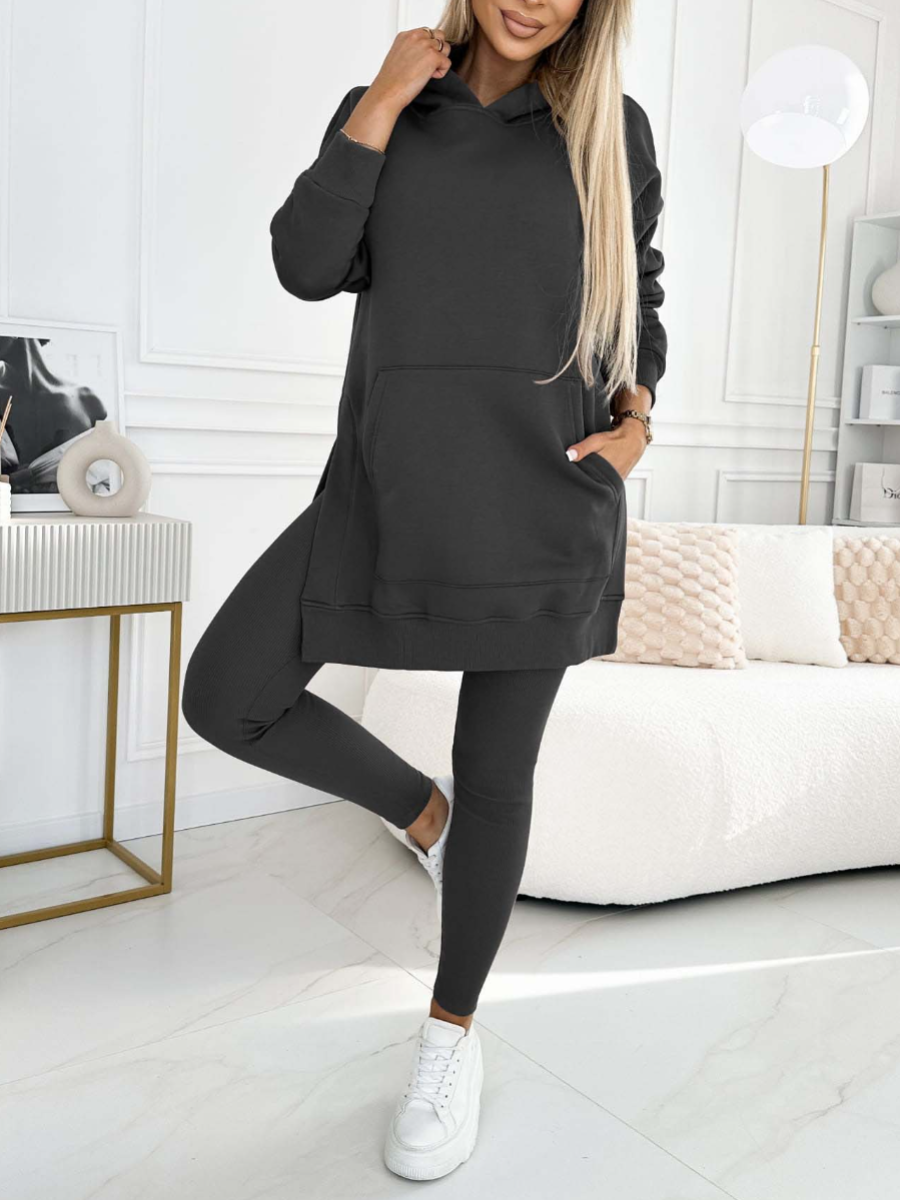 Chic Solid Color Hoodie and Lined Leggings Set