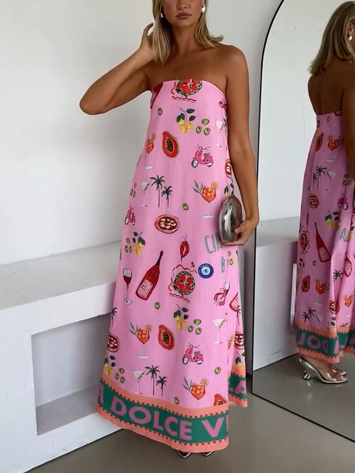 Vacation Print Dress with Pink Tube Top